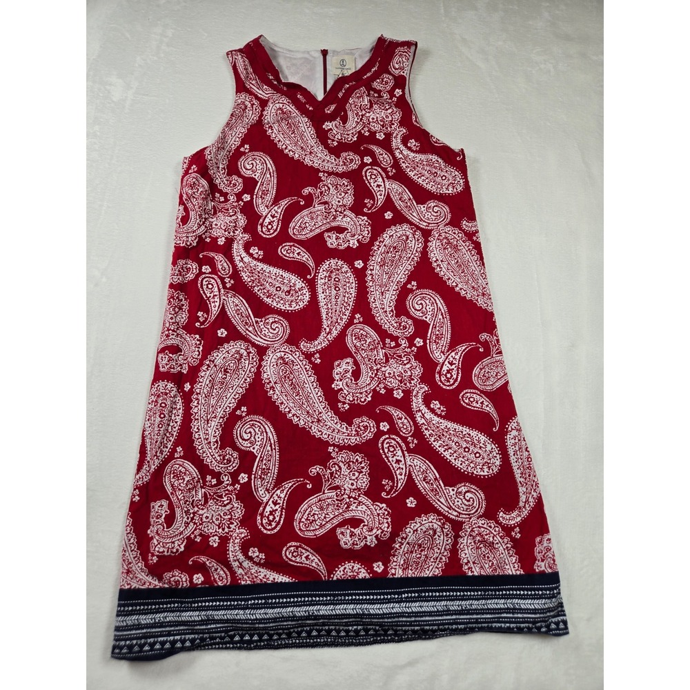 Lands End Kids Girls Red White Paisley Cotton Sleeveless Shift Dress Size 14